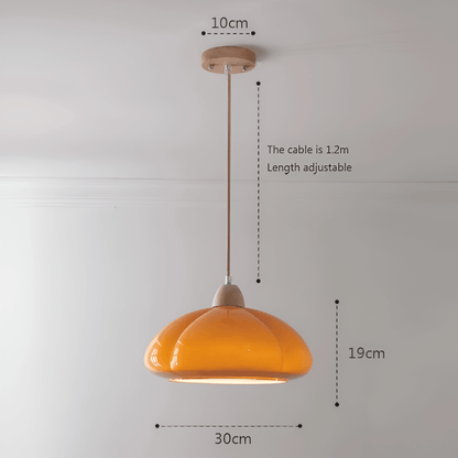 Retro lampa wisząca ze szkła i drewna do salonu