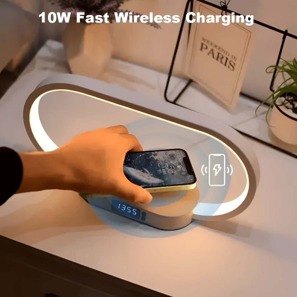 Lampka nocna LED z ładowarką indukcyjną i zegarem