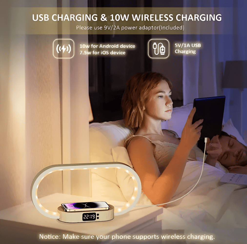 Lampka nocna LED z ładowarką indukcyjną i zegarem