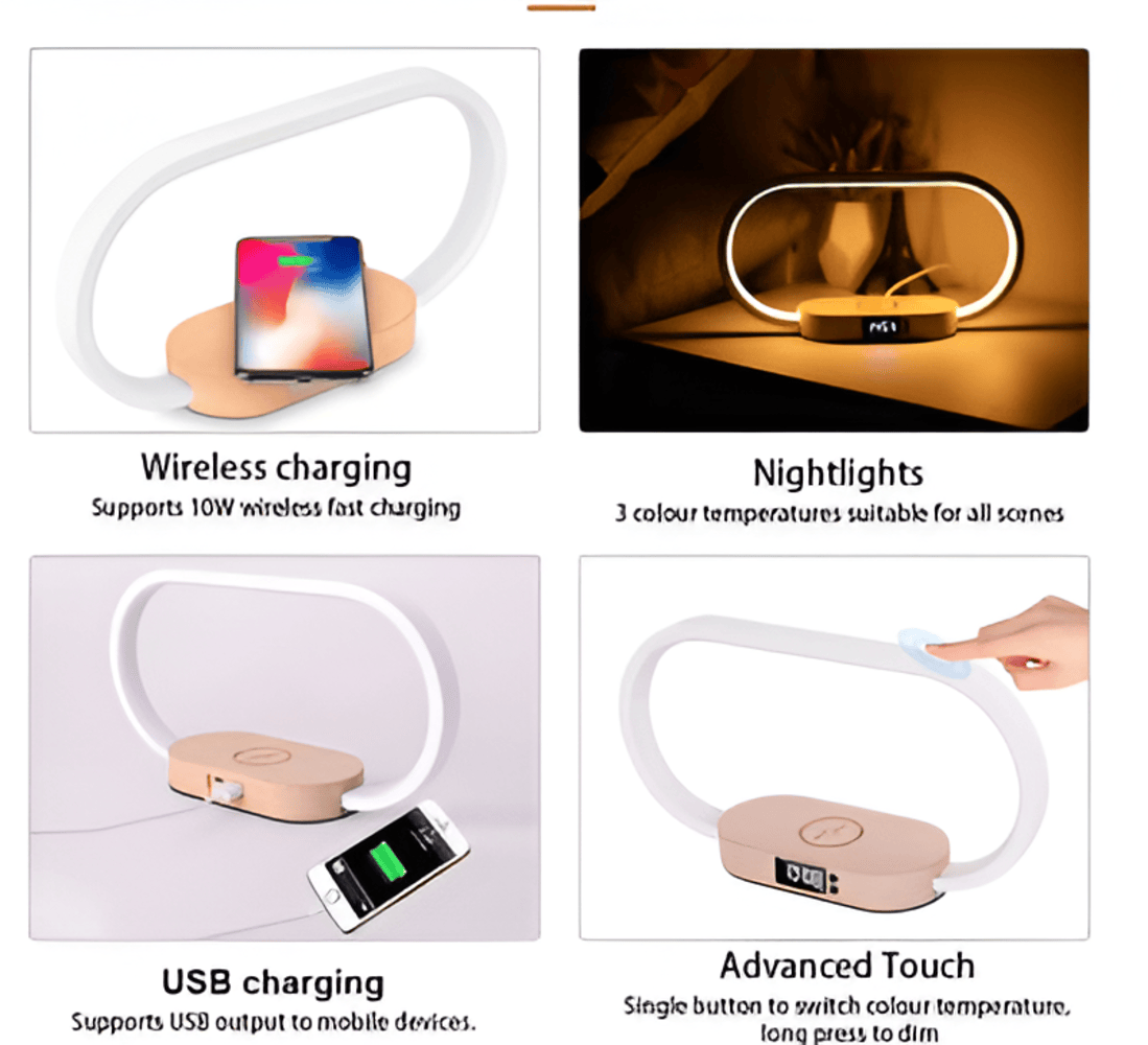Lampka nocna LED z ładowarką indukcyjną i zegarem