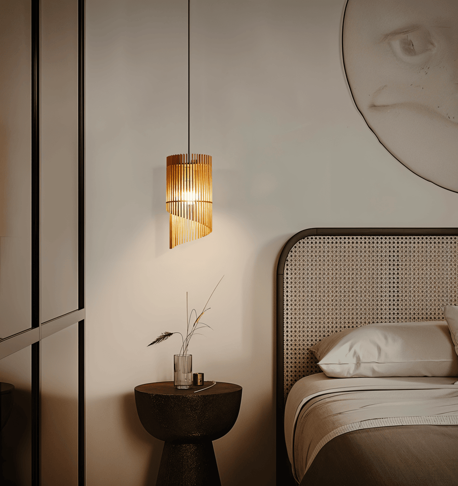 Drewniana lampa wisząca cylindryczna do salonu