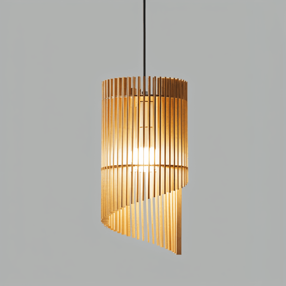 Drewniana lampa wisząca cylindryczna do salonu