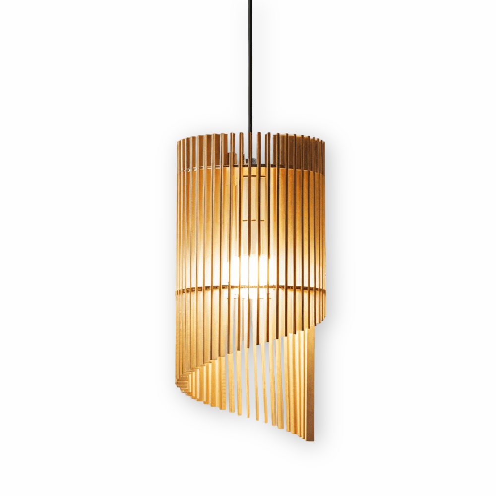 Drewniana lampa wisząca cylindryczna do salonu