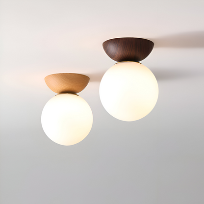 Japońska lampa sufitowa LED ze szklaną kulą i drewnem