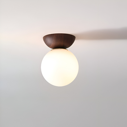 Japońska lampa sufitowa LED ze szklaną kulą i drewnem