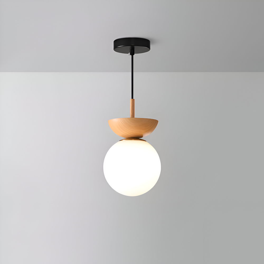 Japońska lampa sufitowa LED ze szklaną kulą i drewnem
