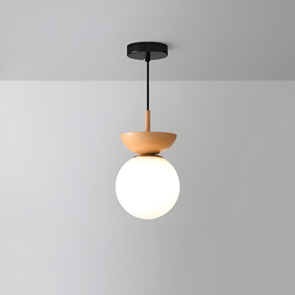 Japońska lampa sufitowa LED ze szklaną kulą i drewnem