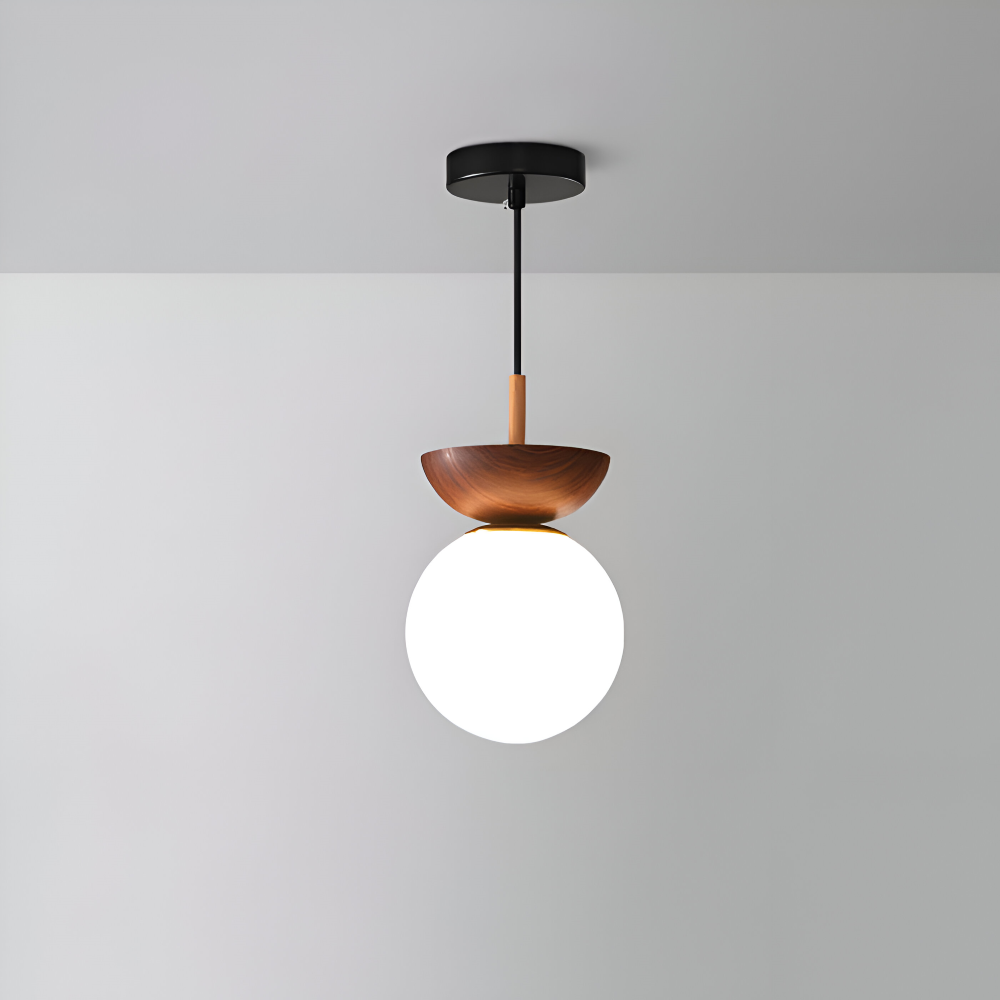 Japońska lampa sufitowa LED ze szklaną kulą i drewnem