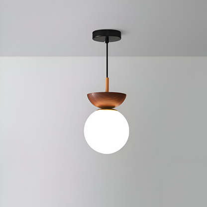 Japońska lampa sufitowa LED ze szklaną kulą i drewnem