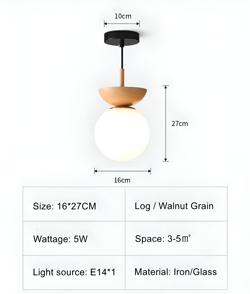Japońska lampa sufitowa LED ze szklaną kulą i drewnem