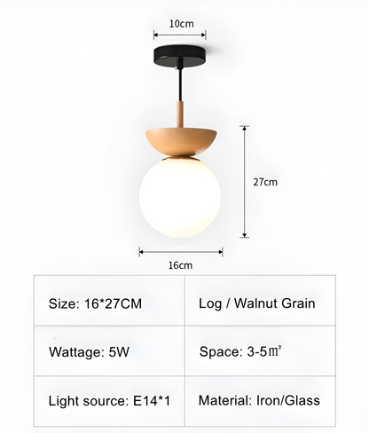 Japońska lampa sufitowa LED ze szklaną kulą i drewnem
