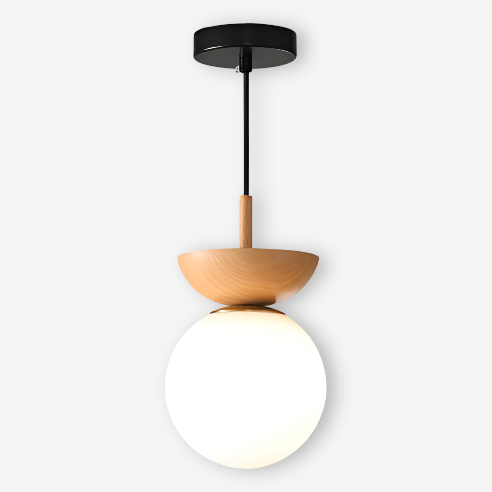 Japońska lampa sufitowa LED ze szklaną kulą i drewnem