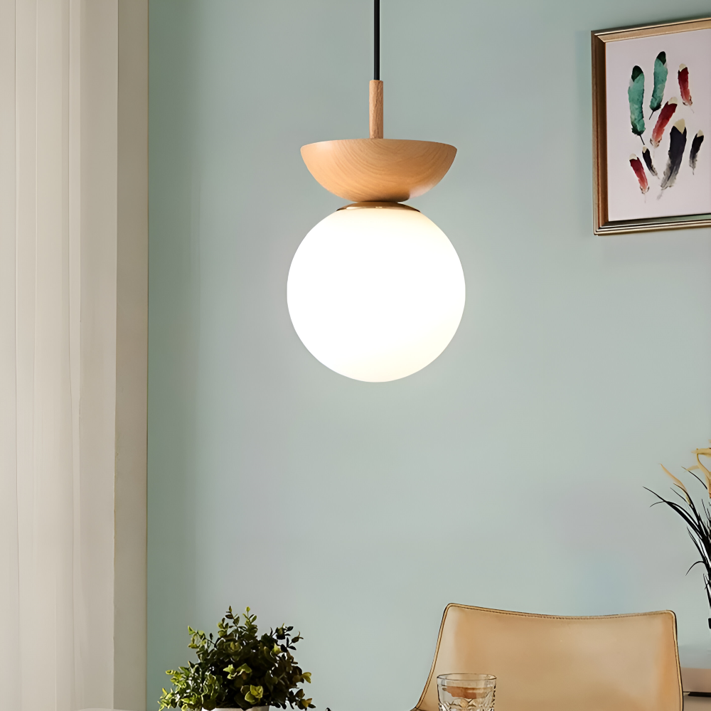 Japońska lampa sufitowa LED ze szklaną kulą i drewnem