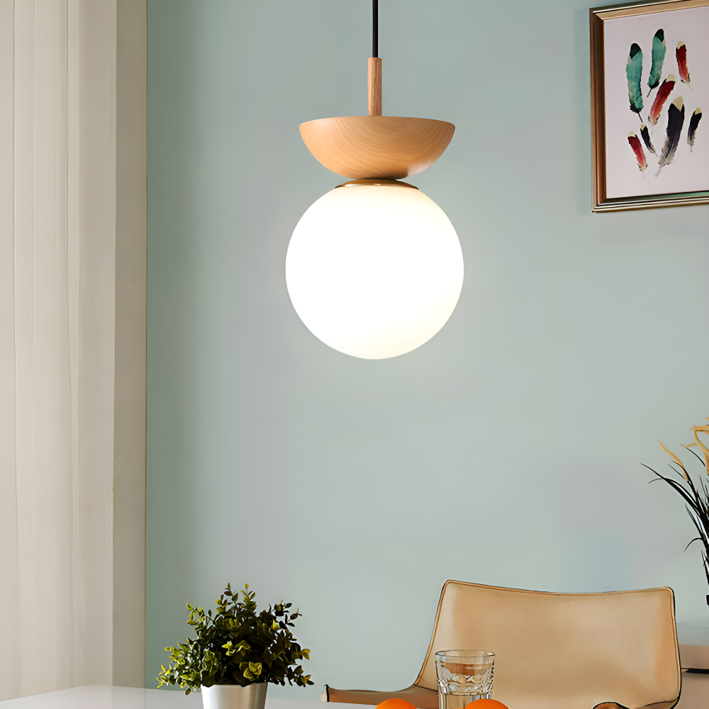 Japońska lampa sufitowa LED ze szklaną kulą i drewnem