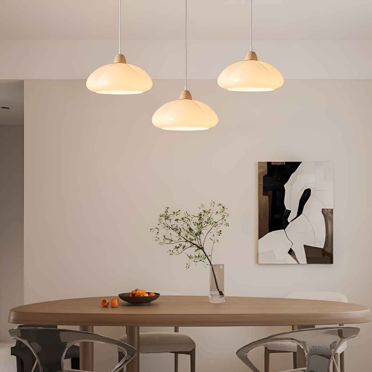Retro lampa wisząca ze szkła i drewna do salonu