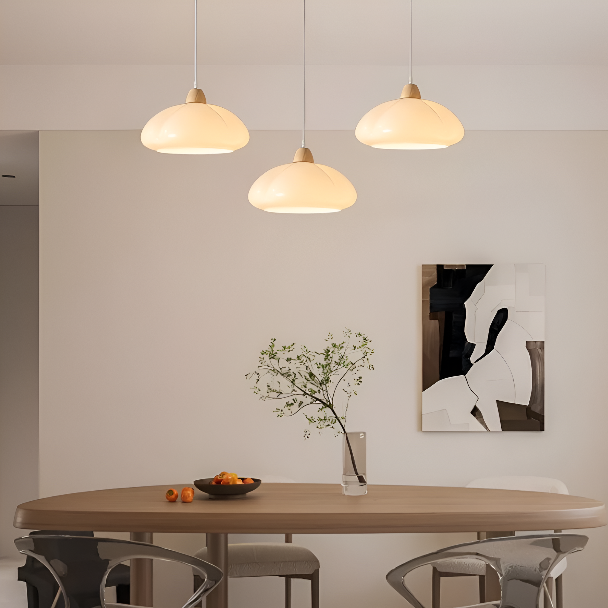 Retro lampa wisząca ze szkła i drewna do salonu