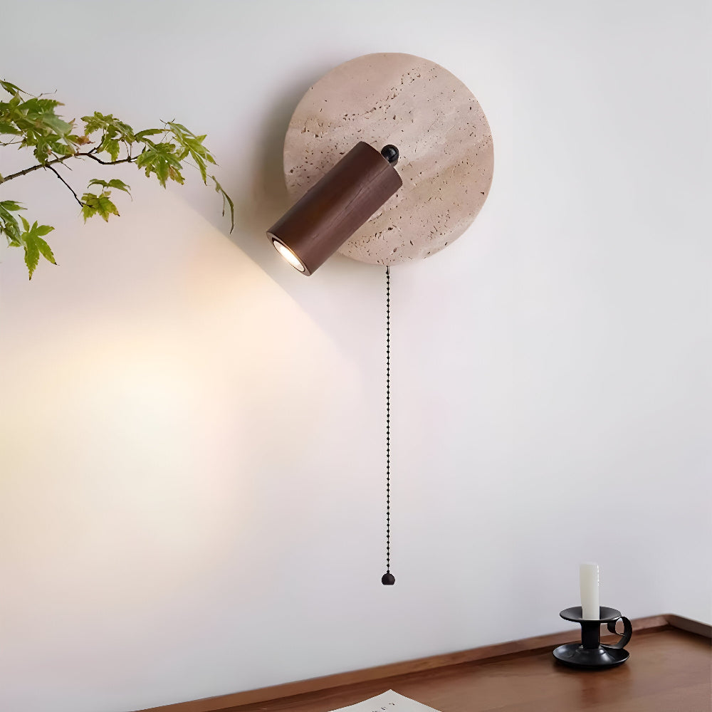 Lampa ścienna LED z trawertynu i drewna do sypialni