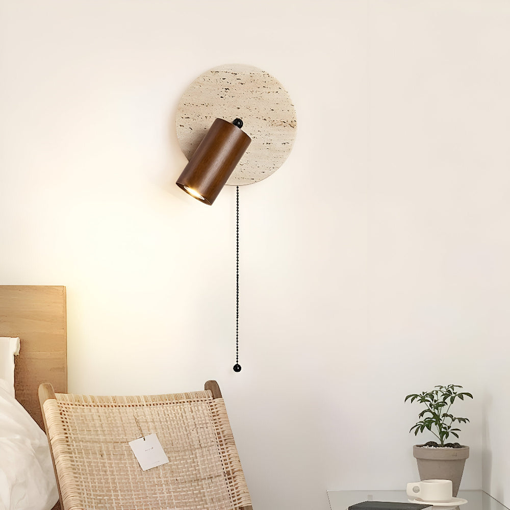 Lampa ścienna LED z trawertynu i drewna do sypialni
