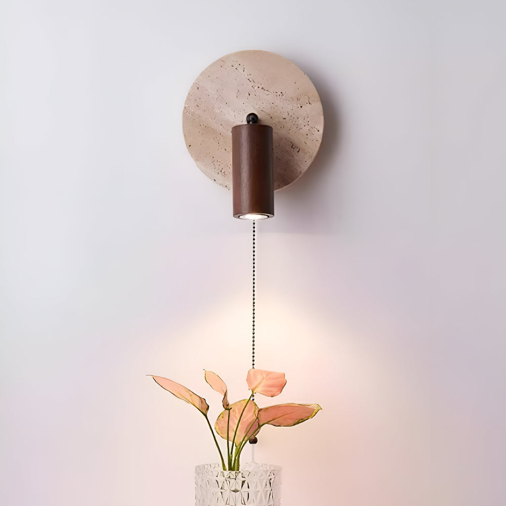 Lampa ścienna LED z trawertynu i drewna do sypialni