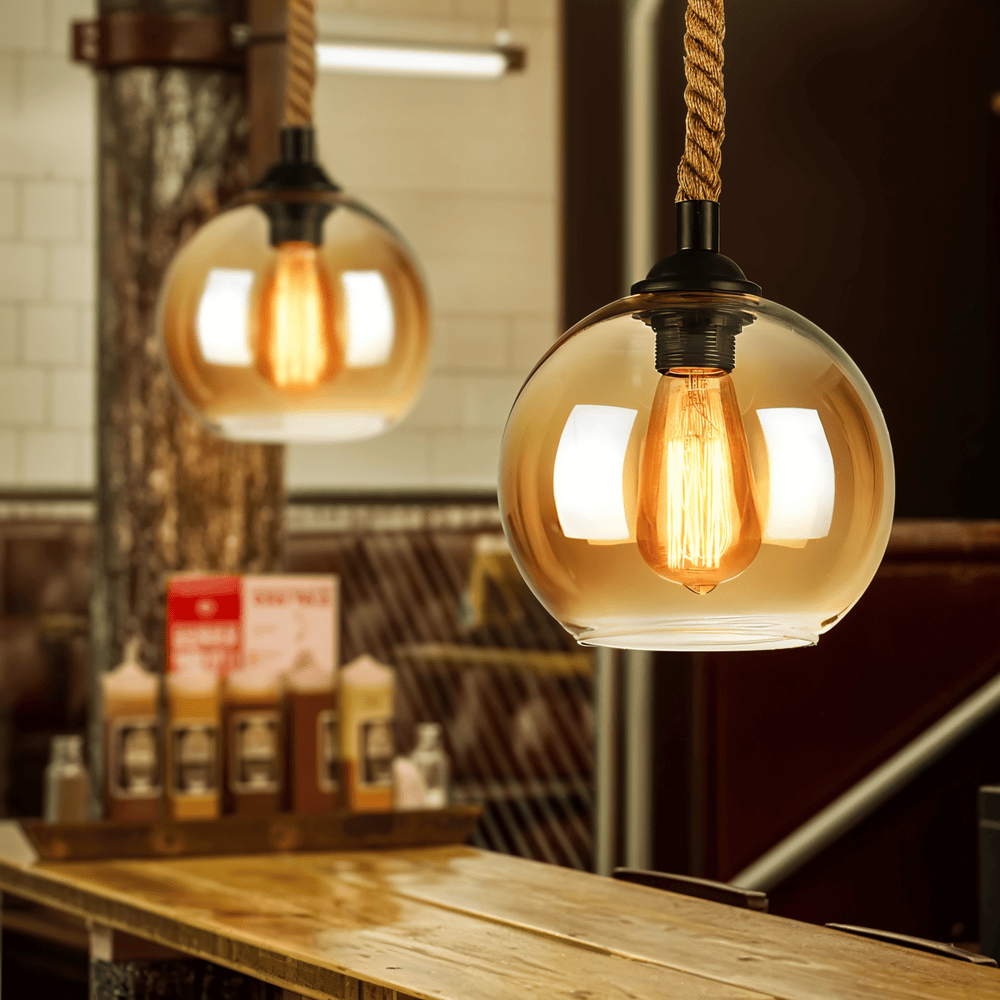 Lampa wisząca z kulą szklaną i liną konopną vintage