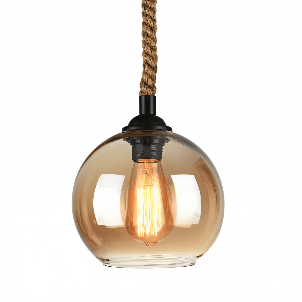 Lampa wisząca z kulą szklaną i liną konopną vintage
