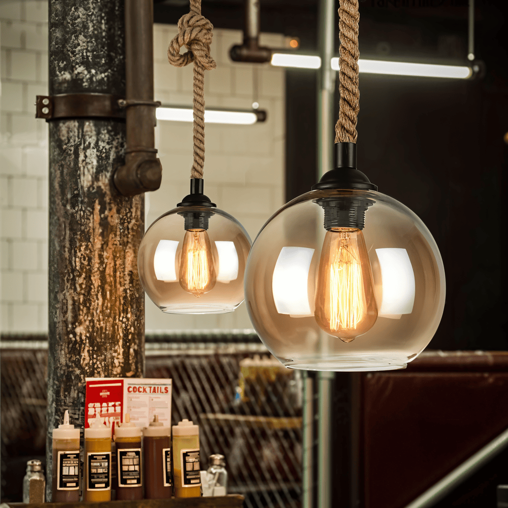 Lampa wisząca z kulą szklaną i liną konopną vintage