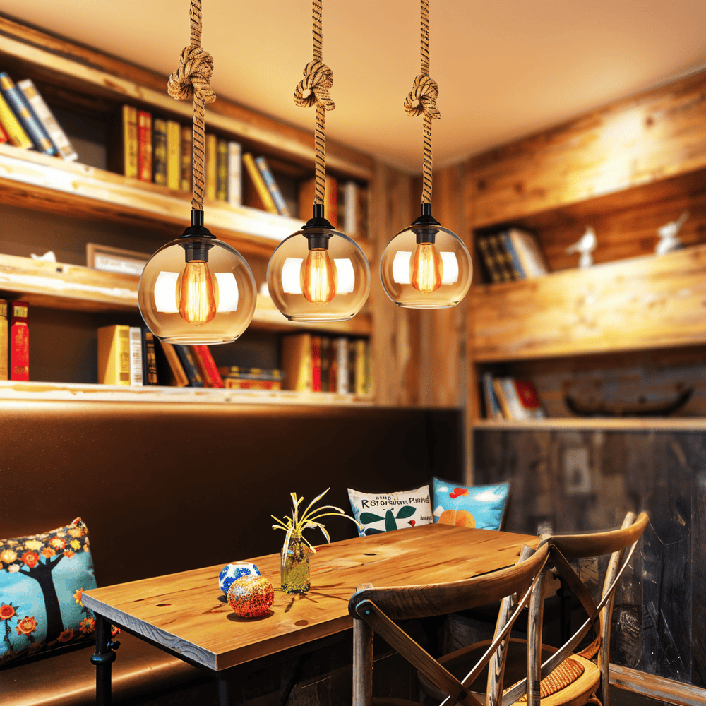 Lampa wisząca z kulą szklaną i liną konopną vintage