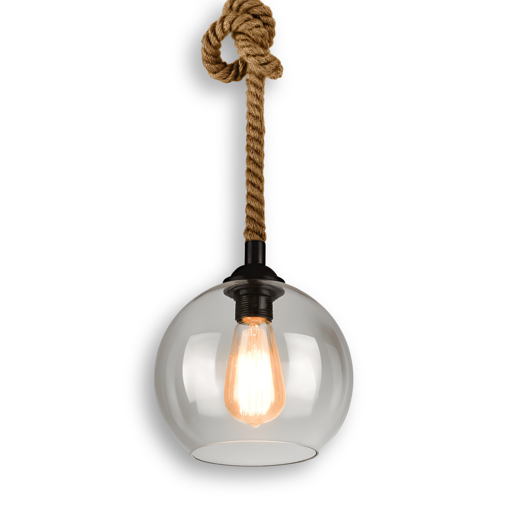 Lampa wisząca z kulą szklaną i liną konopną vintage