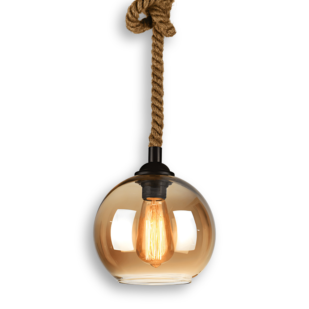 Lampa wisząca z kulą szklaną i liną konopną vintage