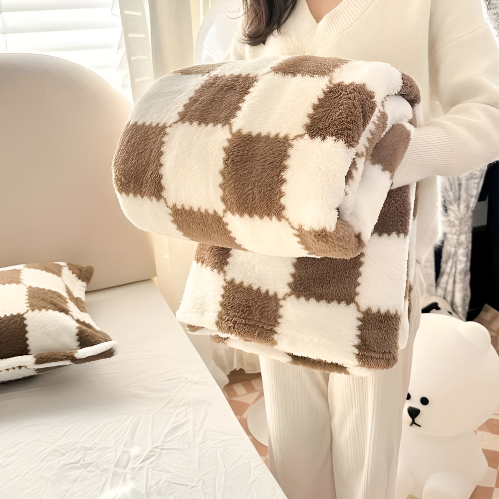 Kolorowy koc fleece w kratkę całoroczny miękki