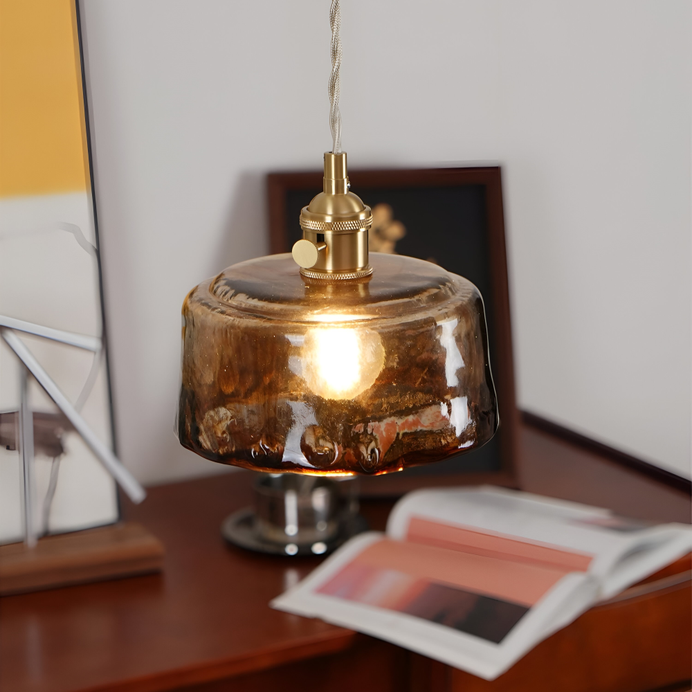 Lampa wisząca vintage szkło i antyczny mosiądz