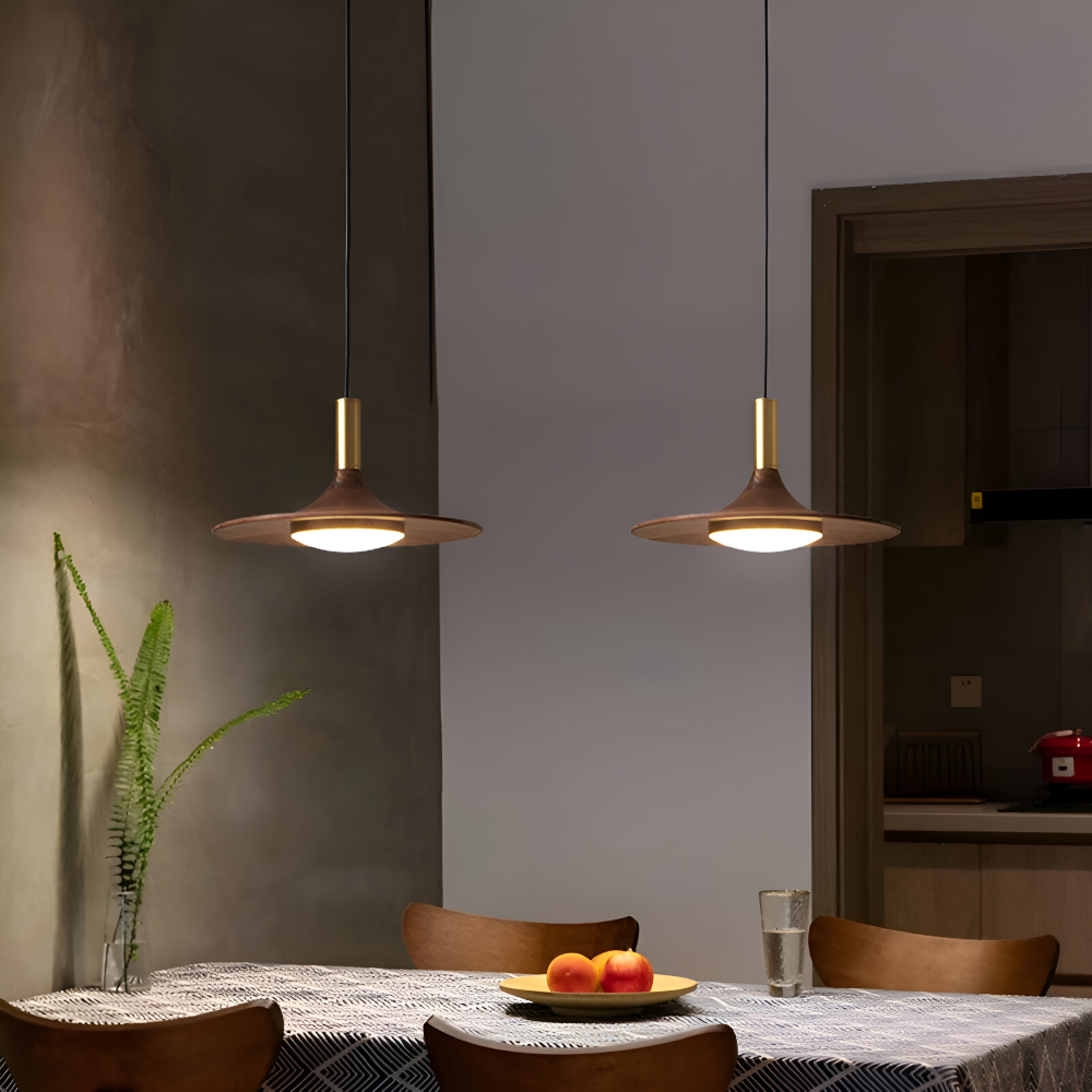 Drewniana lampa wisząca LED nad stół w stylu japandi
