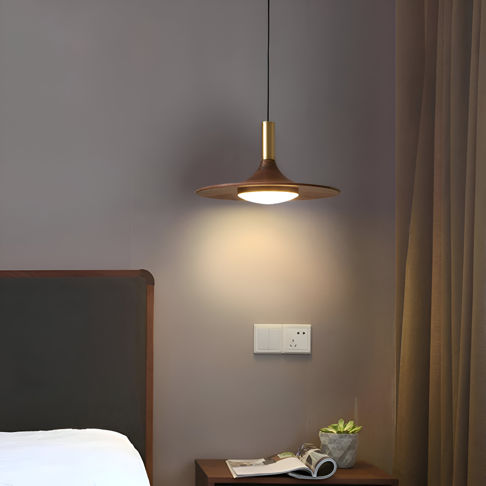 Drewniana lampa wisząca LED nad stół w stylu japandi