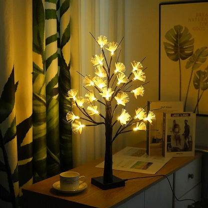 Biała lampa drzewko LED z kwiatami USB i bateria