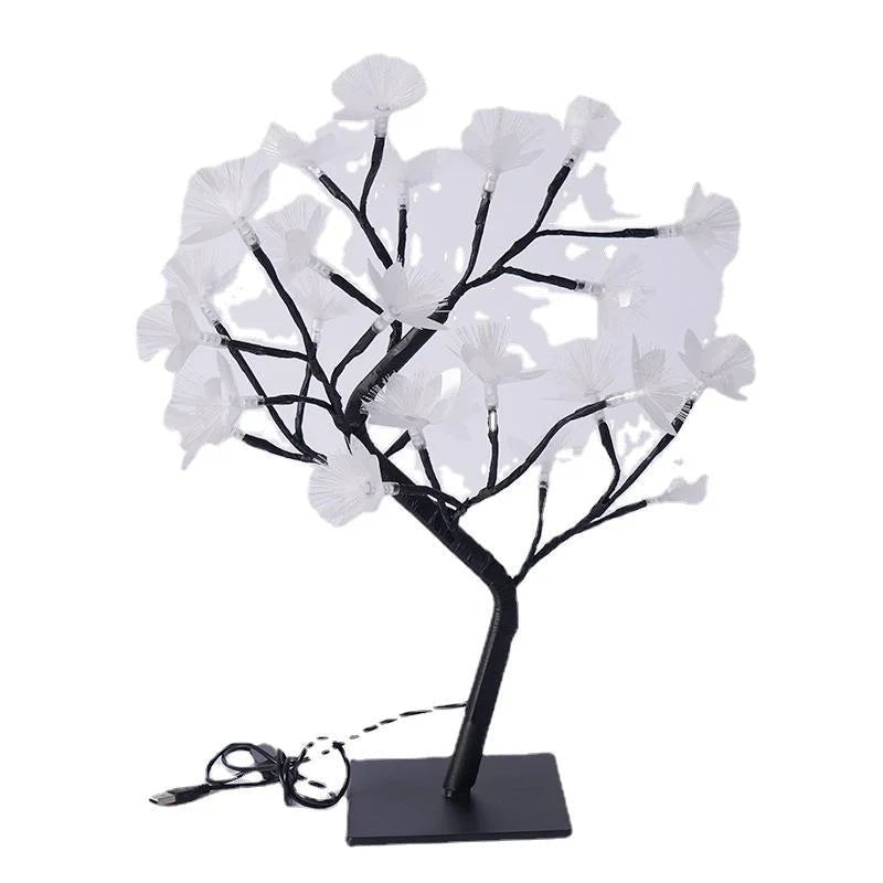 Biała lampa drzewko LED z kwiatami USB i bateria