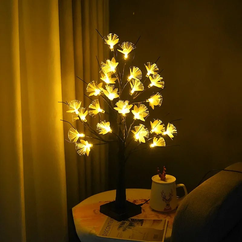 Biała lampa drzewko LED z kwiatami USB i bateria