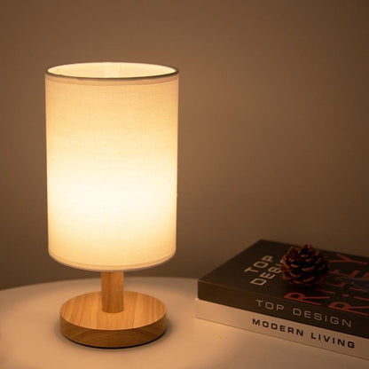 Lampa stołowa z drewna i lnu LED z pilotem